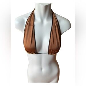 Seashell Brown Gold Shell Halter Bikini Top Sexy Tie Back Swim NWT